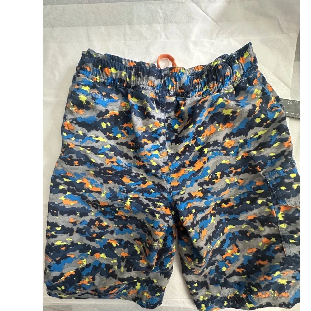 Columbia Boys Camo Swim Trunks Blue Orange Omni-Shade Mesh Lined Size M 10/12